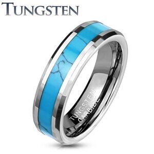 New Turquoise Inlay Center Beveled Edges Tungsten Carbide Ring. 6mm width size 8